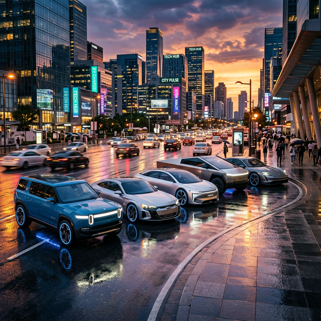 Five electric vehicles parked in a city street with tall buildings and traffic at sunset