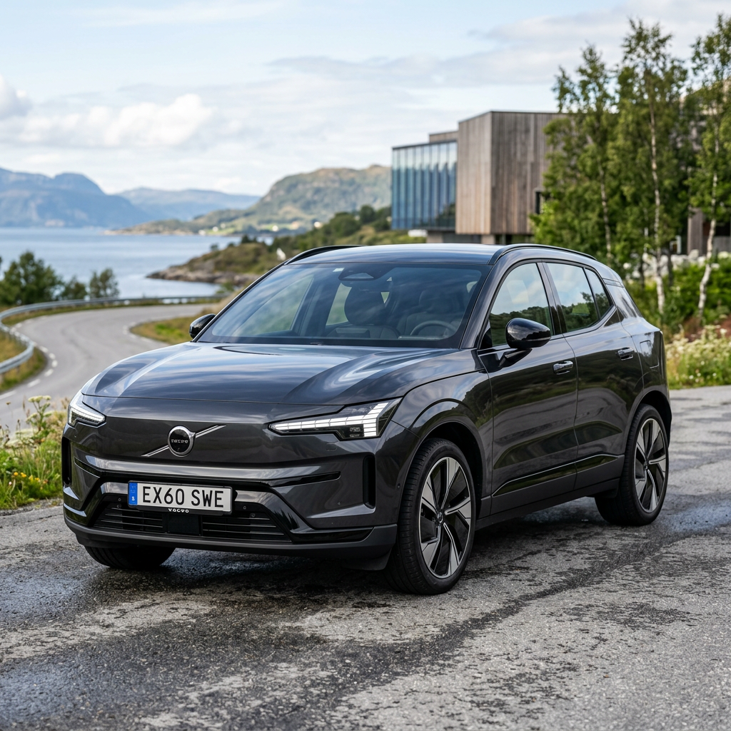 Black Volvo C40 Recharge SUV parked on a roadside with coastal landscape