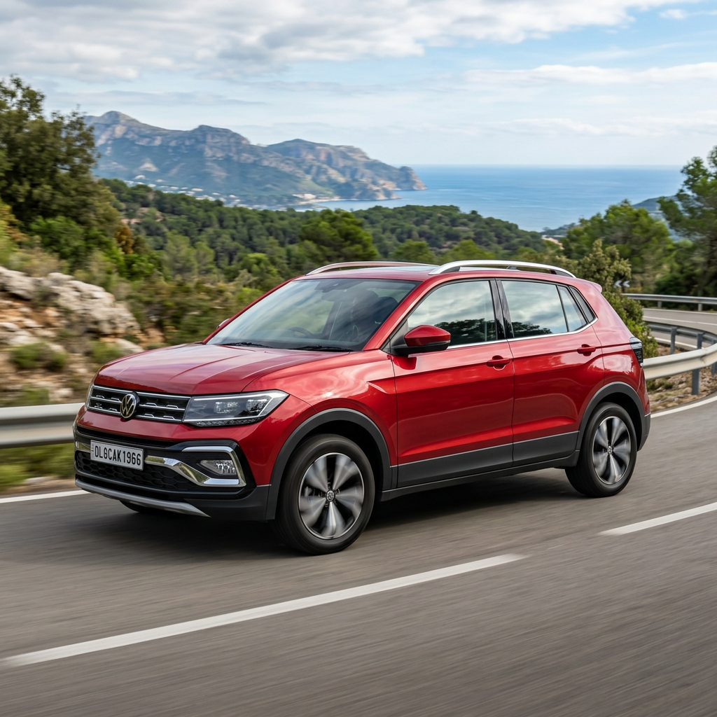 Red Volkswagen SUV driving on a curved mountain road with trees and ocean in the background